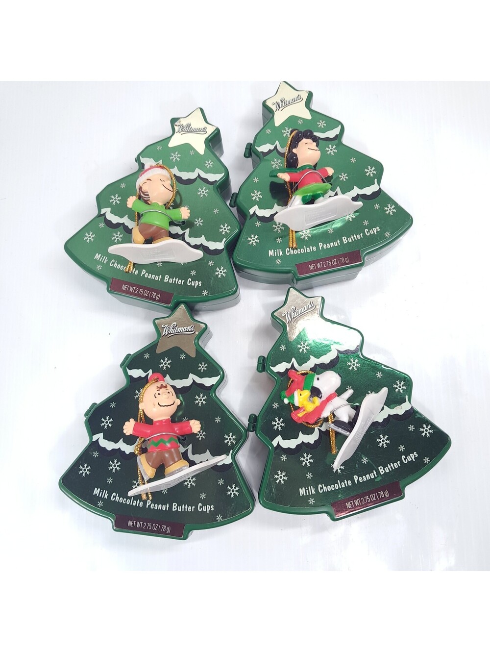 Whitman's Snoopy Peanuts tree candy box ornament set 4 Charlie Brown Lucy Linus